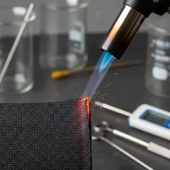 Close-up of a flame testing fabric edge, demonstrating fire retardant textile resistance against ignition. -Fire Retardant Chemicals for Textiles. -1