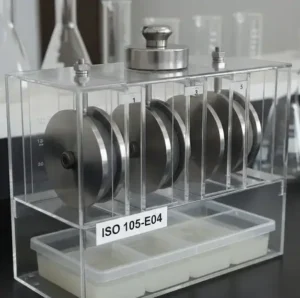 ISO colorfastness to perspiration test apparatus with stainless steel plates and multi-compartment containers for textile evaluation. -ISO Textile Perspiration Chemicals. -1
