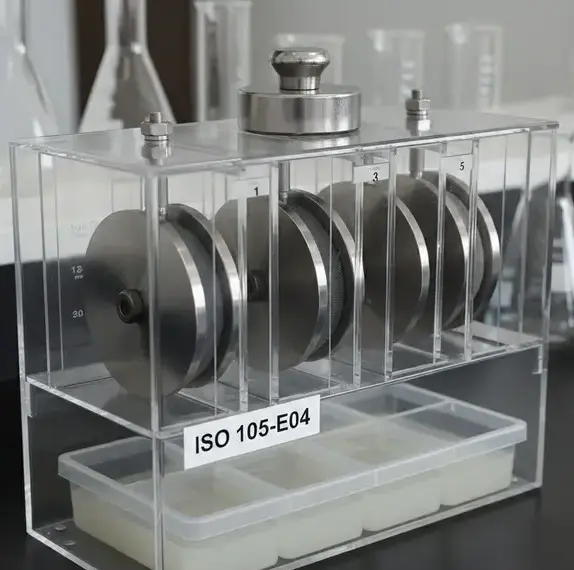 ISO colorfastness to perspiration test apparatus with stainless steel plates and multi-compartment containers for textile evaluation. -ISO Textile Perspiration Chemicals. -1