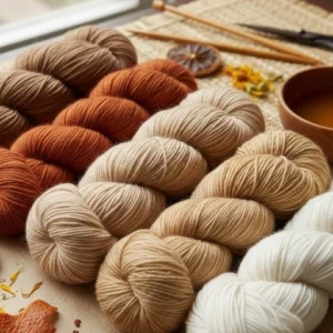 Natural and dyed yarn bundles in shades of orange, beige, and cream, showcasing textile dyeing and fiber texture detail. -Masters in Textile Dyes & Chemicals. -1