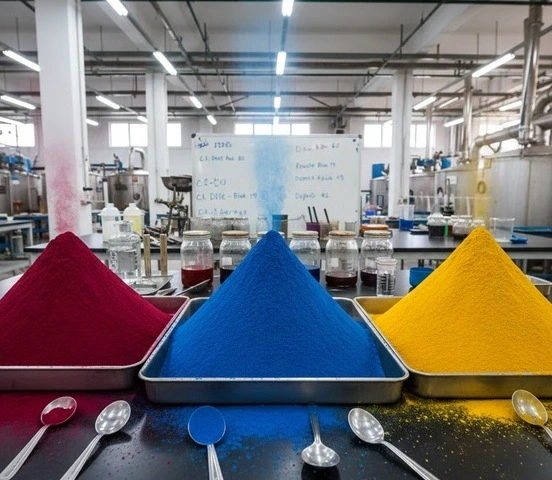 Vivid piles of red, blue, and yellow textile dye powders symbolizing industrial dyeing chemicals and color formulations. -Nitred Chemical Used in Textile Dyeing. -1