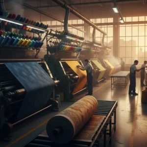 Textile factory interior showing fabric rolls on industrial machines under warm lighting, demonstrating textile production stage. -Operation Sequence of Textile Chemical Processing. -1
