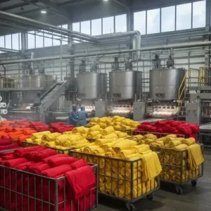 Industrial textile dyeing facility with red and yellow fabric bundles in metal carts, showing processing of colored textiles. -Red Listed Chemicals in Textiles. -1