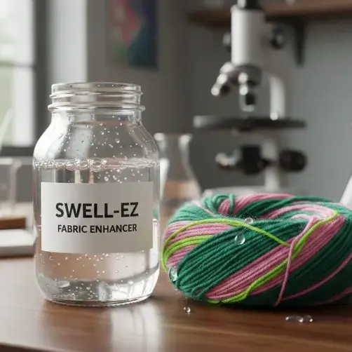 Clear liquid swelling agent chemical in transparent jar placed next to brightly dyed textile yarn with green and pink shades. -Swelling Agent Chemical in Textile. -1