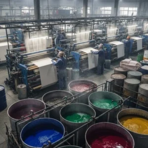 Textile chemical factory with workers operating weaving machines; multiple dye containers arranged in the foreground. -Textile Chemical Association India. -1