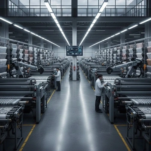 Modern textile manufacturing facility with rows of fabric rolls and advanced machinery under bright industrial lighting. -Textile Chemical Auxiliaries Manufacturing Companies in India. -1