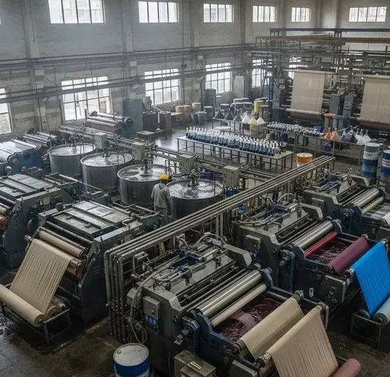Industrial textile dyeing unit in Ahmedabad showing fabric processing, machinery, and chemical treatment setup. -Textile Chemical Dies Supplier Ahmedabad. -1