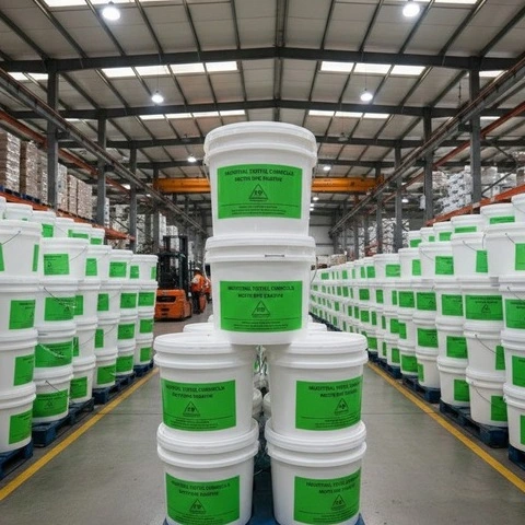 Stacks of green-labeled plastic buckets containing industrial textile chemicals arranged neatly in a manufacturing storage area. -Textile Chemical Suppliers. -1