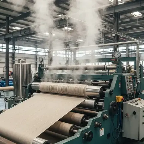 High-resolution image of textile coating machinery applying chemical finish with rollers and steam in industrial setup. -Textile Coating Chemicals. -1
