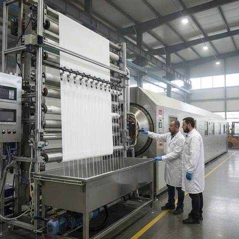 Industrial textile coating machine applying liquid chemical evenly on fabric roll in a modern manufacturing facility. -Textile Coating Chemicals Manufacture. -1