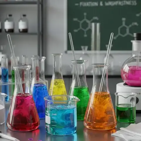 Colorful liquid textile dyes and laboratory glassware representing chemical formulations for fabric dyeing and processing. -Textile Dyeing Chemicals. -1