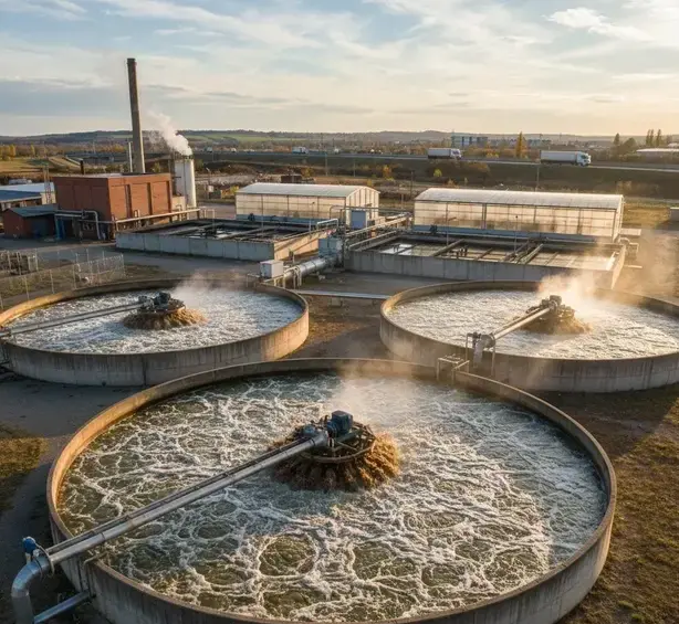 Industrial textile effluent treatment plant showing aeration tanks with active wastewater purification in progress. -Textile Effluent Treatment Chemicals. -1