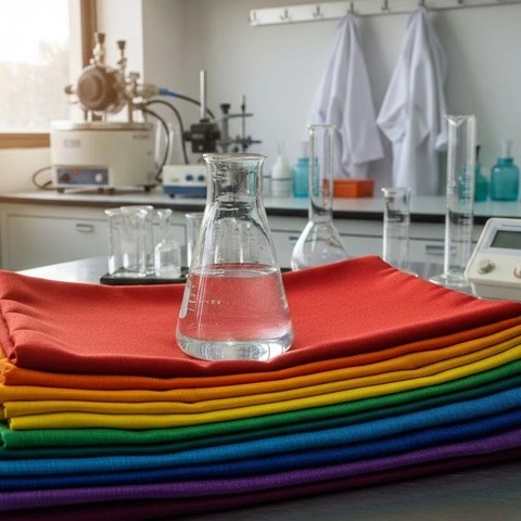 Beaker with clear textile chemical solution placed on neatly stacked colorful fabric sheets in a lab setting. -Textile Finishing Chemicals Manufacturer India. -1