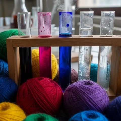 Close-up of colorful textile yarn rolls with glass test tubes filled with liquid textile dyes and chemical solutions. -Textile Liquid Chemical Industries in India. -1