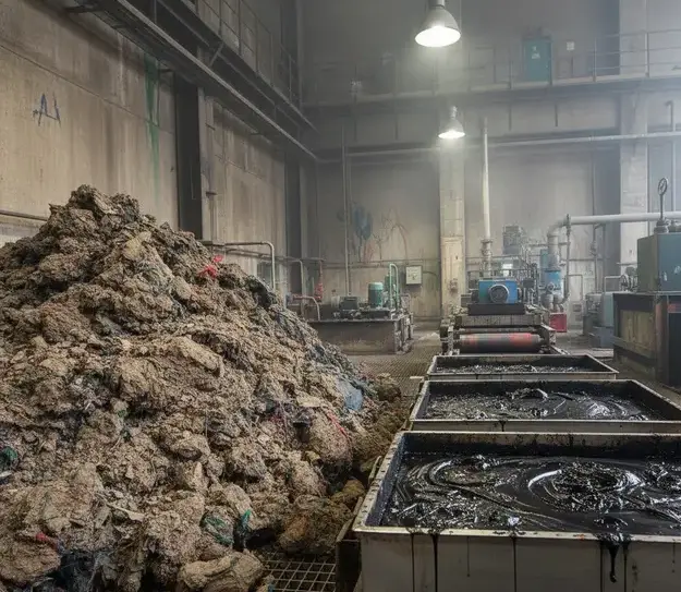 Dehydrated textile sludge pile and wet sludge mixture in trays showing industrial waste from effluent treatment process. -Textile Mill Sludge Chemicals. -1