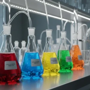 Colorful laboratory flasks filled with vibrant textile chemicals under bright lighting, symbolizing fabric pretreatment formulations. -Textile Pretreatment Chemicals. -1
