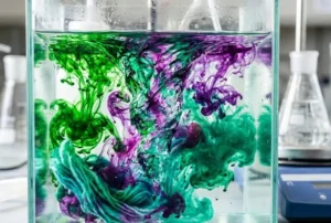 Vibrant green and purple textile dye dispersion mixing in water, symbolizing chemical pretreatment and colouration reactions. -Chemical Pretreatment of Textile for Colouration. -1