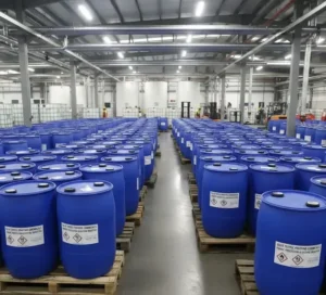 Industrial blue plastic drums storing bulk textile printing chemicals for fabric processing and dyeing industries. -Textile Printing Chemicals. -1