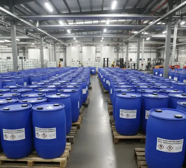 Industrial blue plastic drums storing bulk textile printing chemicals for fabric processing and dyeing industries. -Textile Printing Chemicals. -1