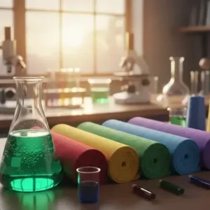 Laboratory flask with green chemical solution beside neatly arranged colorful fabric rolls representing textile processing. -Textile Processing Chemicals. -1