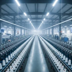 High-resolution textile manufacturing plant with automated spinning machines and aligned spools in industrial lighting. -Textile Processing Chemicals Manufacturers. -1