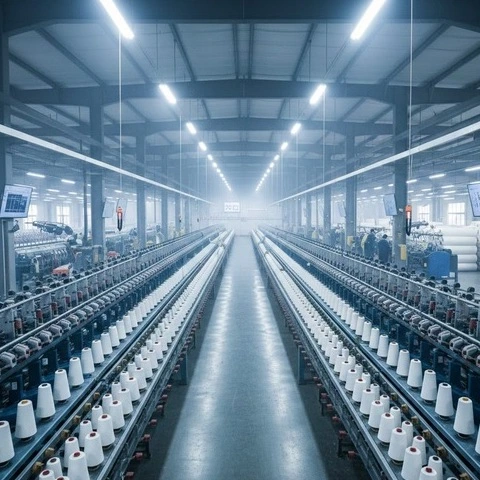 High-resolution textile manufacturing plant with automated spinning machines and aligned spools in industrial lighting. -Textile Processing Chemicals Manufacturers. -1