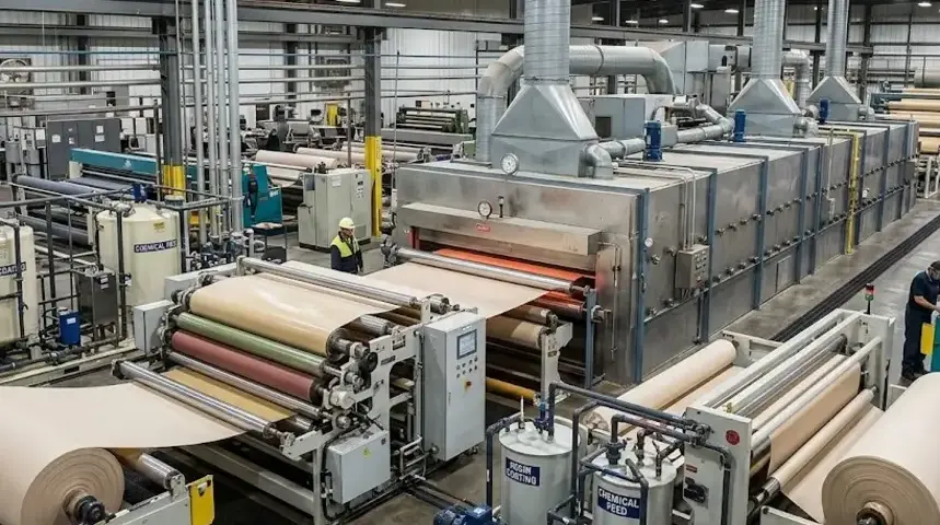 Industrial textile finishing line applying resin coatings on fabric rolls, showing curing ovens and chemical application units. -Textile Finishing Resins Chemicals. -1