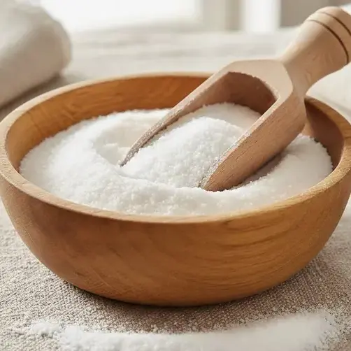 Fine white textile starch powder in a wooden bowl and scoop, representing natural starching chemicals used for fabric stiffening. -Textile Starching Chemical. -1