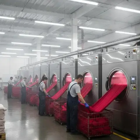 Workers handling red dyed fabric using industrial textile washing machines under bright factory lighting. -Textile Washing Chemicals. -1