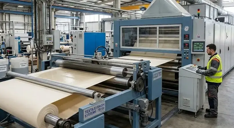 Textile finishing machine applying a chemical coating on fabric sheet, showcasing modern industrial process for durable performance finishes. -Types of Chemical Finishes in Textiles. -1