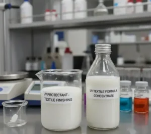 White UV protection chemical liquid in laboratory glass beaker and sealed bottle, used for textile finishing formulation. -UV Protection Chemicals Textiles. -1