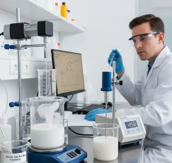 Laboratory testing of water based textile ink binder chemical showing polymer emulsion blending and viscosity analysis. -Water Based Textile Ink Binder Chemical. -1