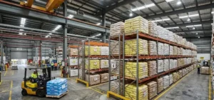 Industrial warehouse with stacked chemical bags on pallets, organized storage layout, concrete floor, and factory setting. -Bulk Silicone Suppliers. -1
