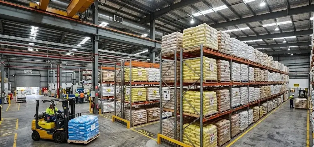 Industrial warehouse with stacked chemical bags on pallets, organized storage layout, concrete floor, and factory setting. -Bulk Silicone Suppliers. -1