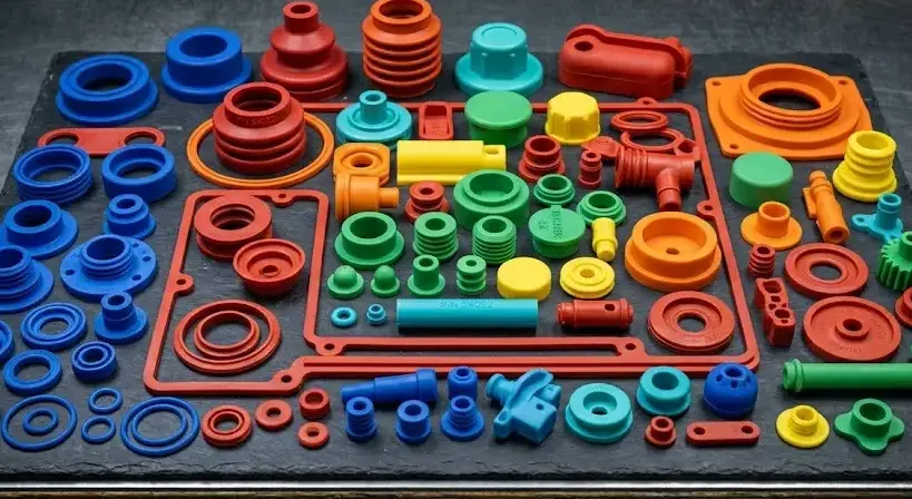 Assorted custom silicone rubber parts in vibrant colors on dark surface, industrial lighting, high detail, product showcase style. -Custom Silicone Rubber Parts. -1