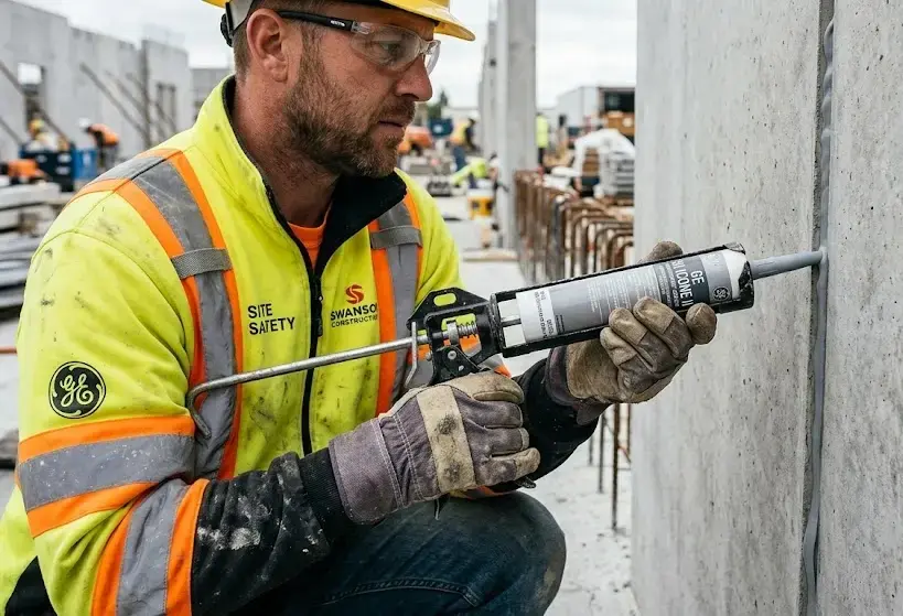 Close-up of construction worker applying silicone sealant on concrete joint with caulking gun, clean industrial site. -Construction Silicone Sealant. -1