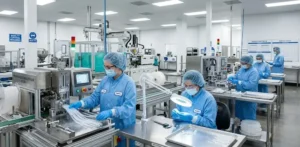 Industrial factory workers in PPE handling silicone materials on production line, clean environment, precision machinery, quality control. -Custom Silicone Manufacturing Services. -1