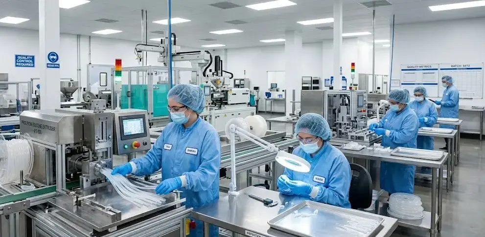 Industrial factory workers in PPE handling silicone materials on production line, clean environment, precision machinery, quality control. -Custom Silicone Manufacturing Services. -1