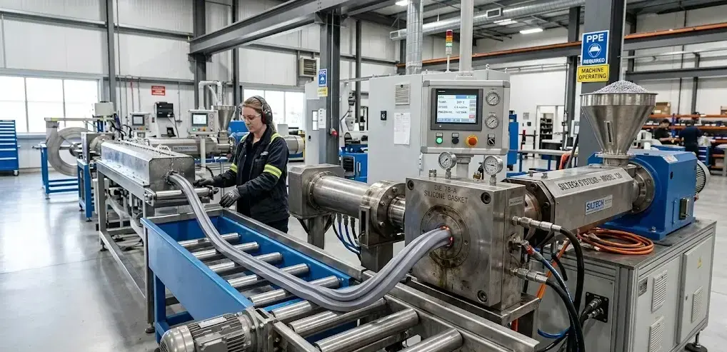 Industrial silicone rubber extrusion line forming continuous profiles through precision die, clean factory, realistic lighting. -Silicone Rubber Extrusion Manufacturers. -1