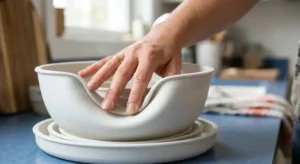 Close-up of flexible white silicone kitchenware stacked on blue surface, with hand pressing to show durability and food-safe texture. -Food Grade Silicone Rubber Products. -1