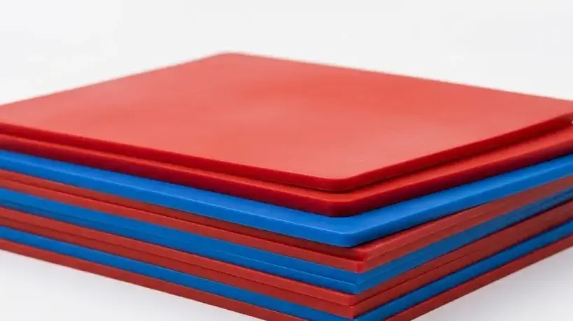Stacked silicone rubber sheets in red and blue, smooth texture, industrial material sample, clean white background, studio lighting. -Heat Resistant Silicone Materials. -1