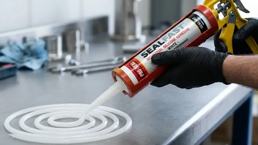 Close-up of silicone sealant being squeezed from a tube, forming a smooth coil, industrial adhesive concept, clean surface. -High Performance Silicone Materials. -1