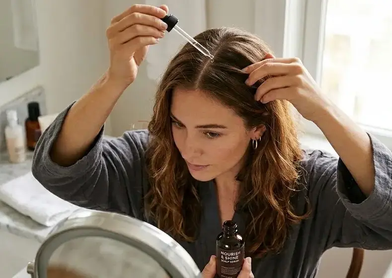 A person applying hair serum with a dropper to the scalp, focusing on precision treatment for shine and nourishment. -How Do Silicone Hair Serums Differ from Traditional Oils. -1