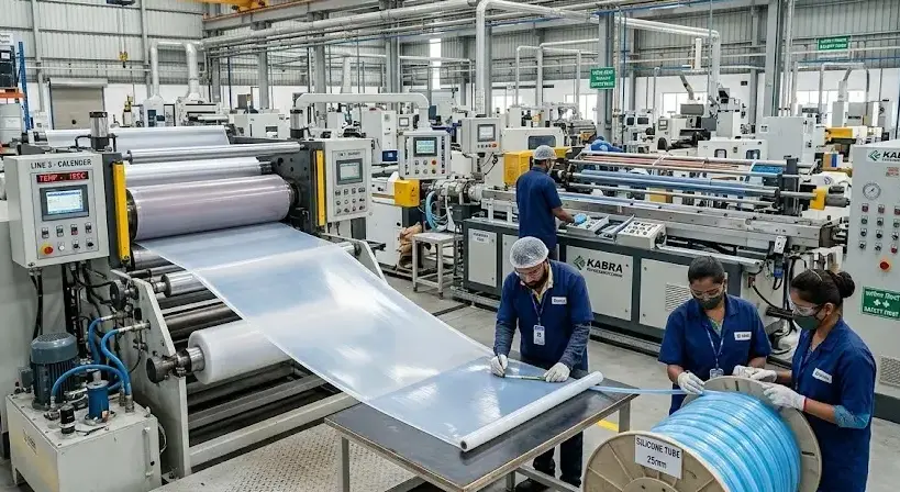 Industrial silicone factory in India with workers inspecting sheets and tubes, advanced machinery, clean setup, sharp detail. -industrial silicone supplier near me. -1