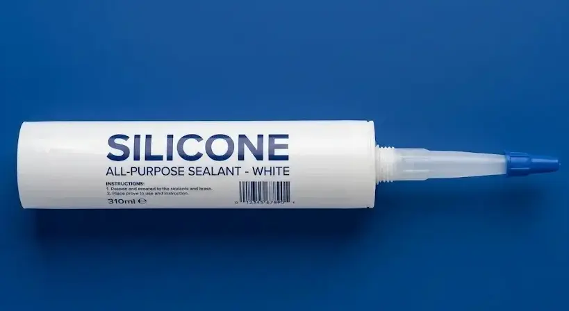 White silicone sealant cartridge with nozzle and cap on blue background, minimal industrial product display, clean lighting. -Industrial Silicone Sealant Suppliers. -1