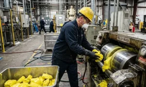 Worker feeding yellow silicone compound into heavy roller mixer, gloves and mask in busy industrial silicone plant processing. -Industrial Silicone Manufacturers. -1