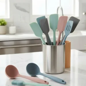 Modern kitchen accessories silicones set with spatulas, ladles, and brushes on a marble countertop, bright kitchen lighting, clean layout. -Kitchen Accessories Silicones. -1