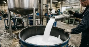 Liquid silicone rubber being poured into industrial drum, smooth white viscous flow, factory setting, high detail, realistic lighting. -Liquid Silicone Rubber Suppliers. -1