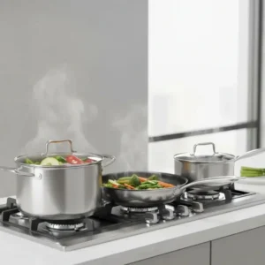 Modern kitchen gas stove with stainless steel pots and pans cooking vegetables, steam rising, clean minimalist countertop background. -List the Best Silicone Cookware Brands Sold in India. -1