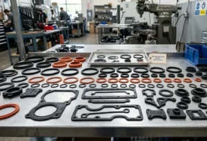Industrial molded silicone rubber parts like gaskets, seals, and O-rings arranged on clean factory workbench, high detail . -Molded Silicone Rubber Products. -1